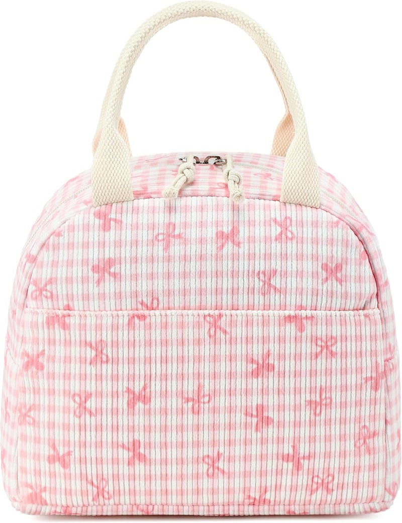 LEDAOU Lunch Box for Women Insulated Lunch Bag Corduroy Lunch Tote Bags Leakproof Cooler Lunch Case for Travel Work Picnic (Pink Bow Checkered) - Image 2